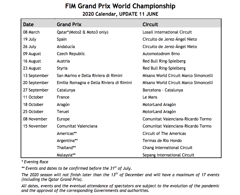 Revised 2020 FIM MotoGP™ World Championship Calendar