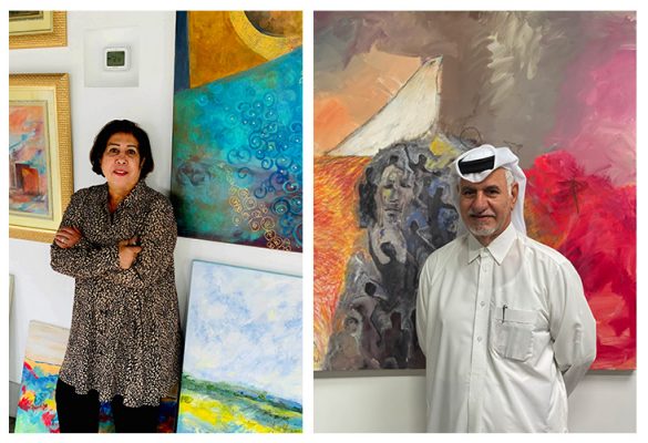 Qatari artists Wafika Sultan Al Essa (left) and Hassan Al Mulla