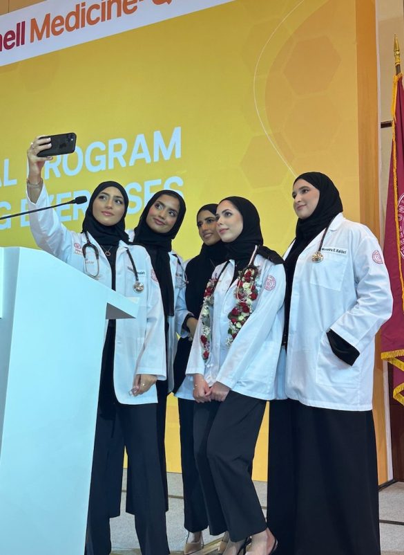 First-year medical student Fatima Al-Mohammed (second, left) with fellow freshmen.